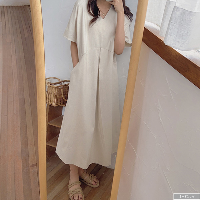 린넨 브이넥 루즈핏 롱 원피스 (아이보리,핑크,블랙) 여름 반팔 빅사이즈 데일리 맥시