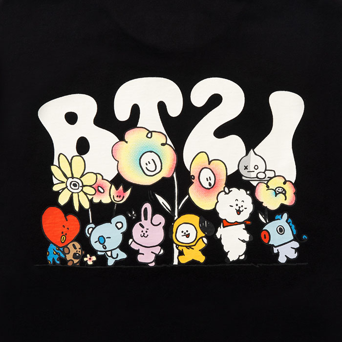 Line Flower Friends BT21 black short-sleeved T-shirt