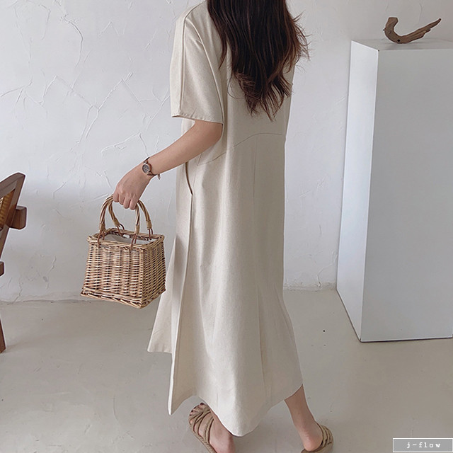 린넨 브이넥 루즈핏 롱 원피스 (아이보리,핑크,블랙) 여름 반팔 빅사이즈 데일리 맥시