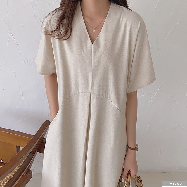 린넨 브이넥 루즈핏 롱 원피스 (아이보리,핑크,블랙) 여름 반팔 빅사이즈 데일리 맥시