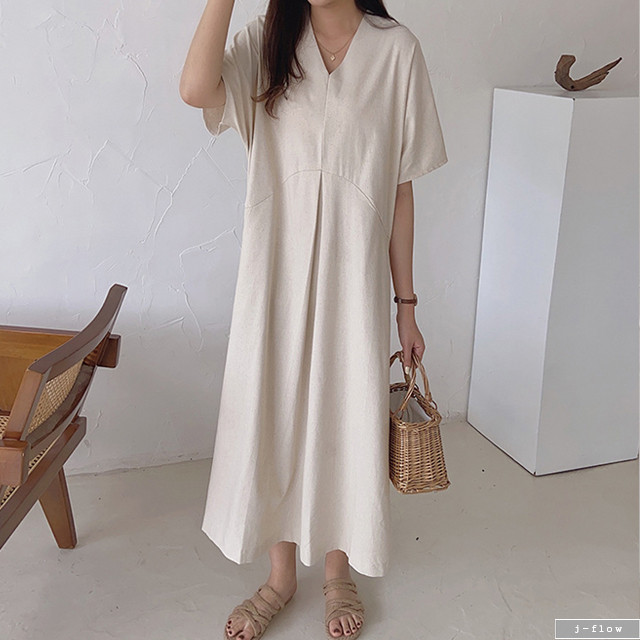 린넨 브이넥 루즈핏 롱 원피스 (아이보리,핑크,블랙) 여름 반팔 빅사이즈 데일리 맥시