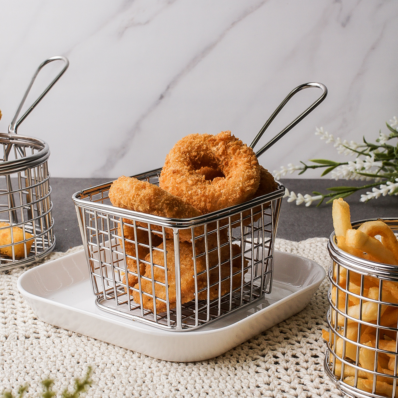 스텐 감자 튀김 그릇 안주 바구니 바스켓 사각한손 1호