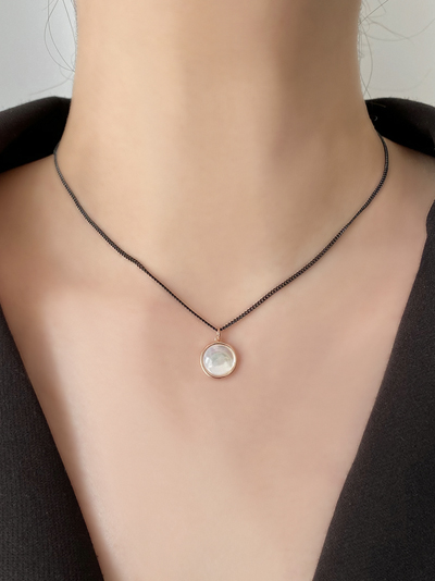 (무배/실버925) all silver 천연 자개 원석 팬던트 블랙체인 은목걸이