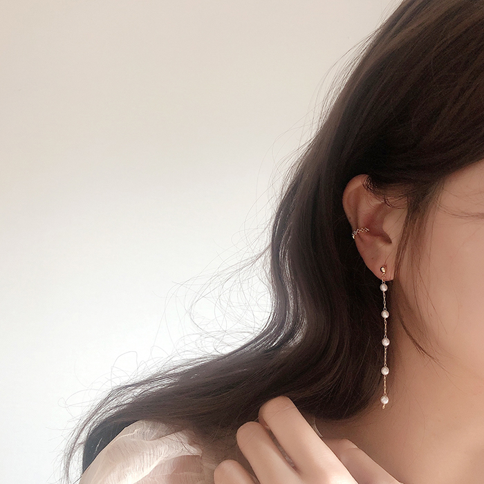 심플 미니 진주 체인 줄 드롭 귀걸이 2컬러 티타늄 - 상세 이미지 5