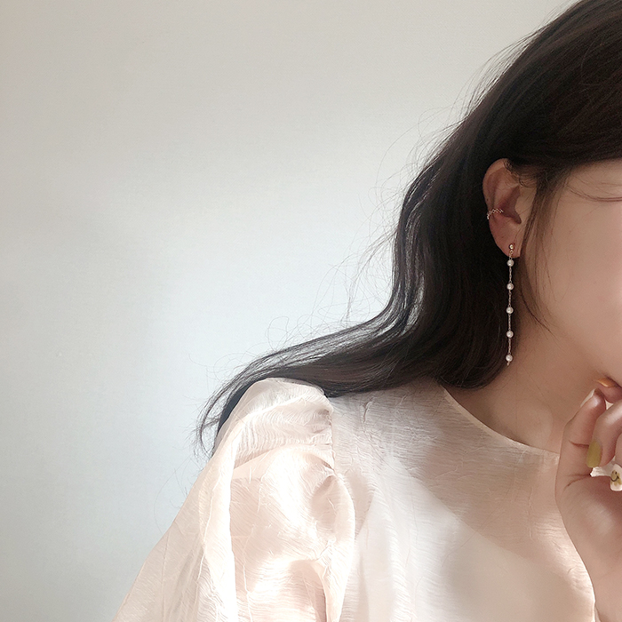 심플 미니 진주 체인 줄 드롭 귀걸이 2컬러 티타늄 - 상세 이미지 4