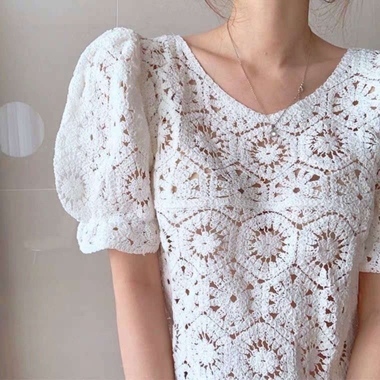 뜨개펀칭 퍼프 볼륨소매 반팔 니트블라우스 시스루 망사 캐쥬얼니트 레이스 그물 이미지 6
