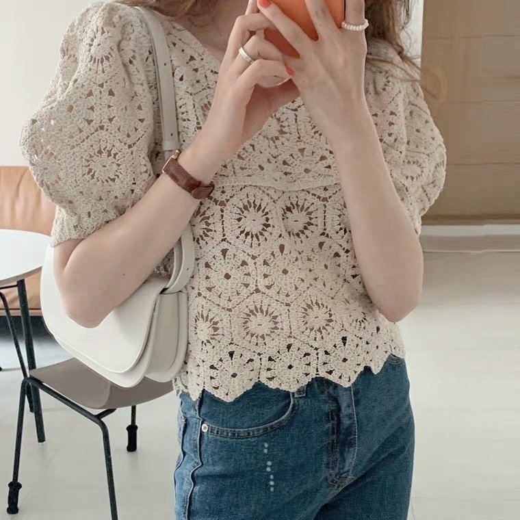 뜨개펀칭 퍼프 볼륨소매 반팔 니트블라우스 시스루 망사 캐쥬얼니트 레이스 그물 - 상세 이미지 2