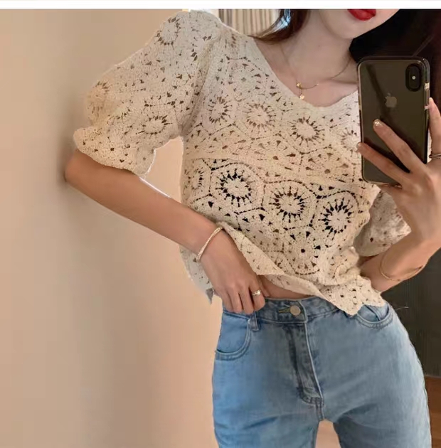 뜨개펀칭 퍼프 볼륨소매 반팔 니트블라우스 시스루 망사 캐쥬얼니트 레이스 그물 - 상세 이미지 5