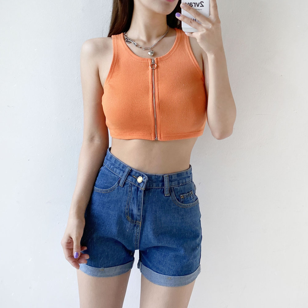 집업 크롭탑 민소매 지퍼 골지 나시 티셔츠 (오렌지/블루/화이트/블랙) - 상세 이미지 2