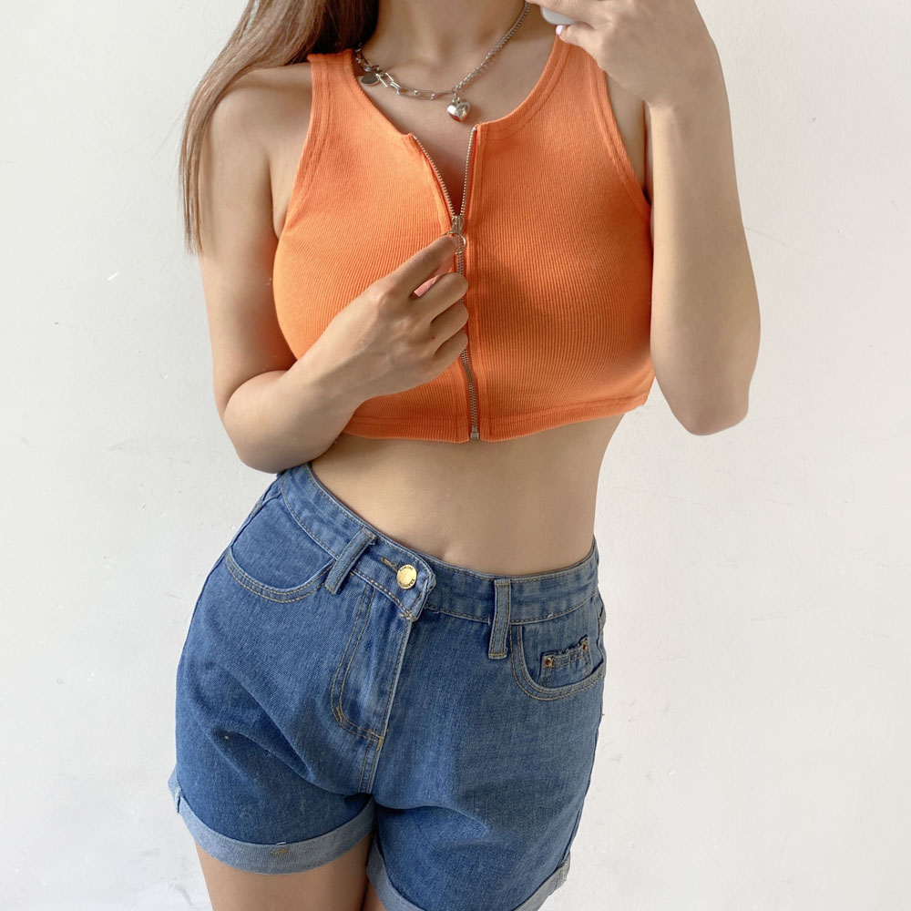 집업 크롭탑 민소매 지퍼 골지 나시 티셔츠 (오렌지/블루/화이트/블랙) 이미지 8