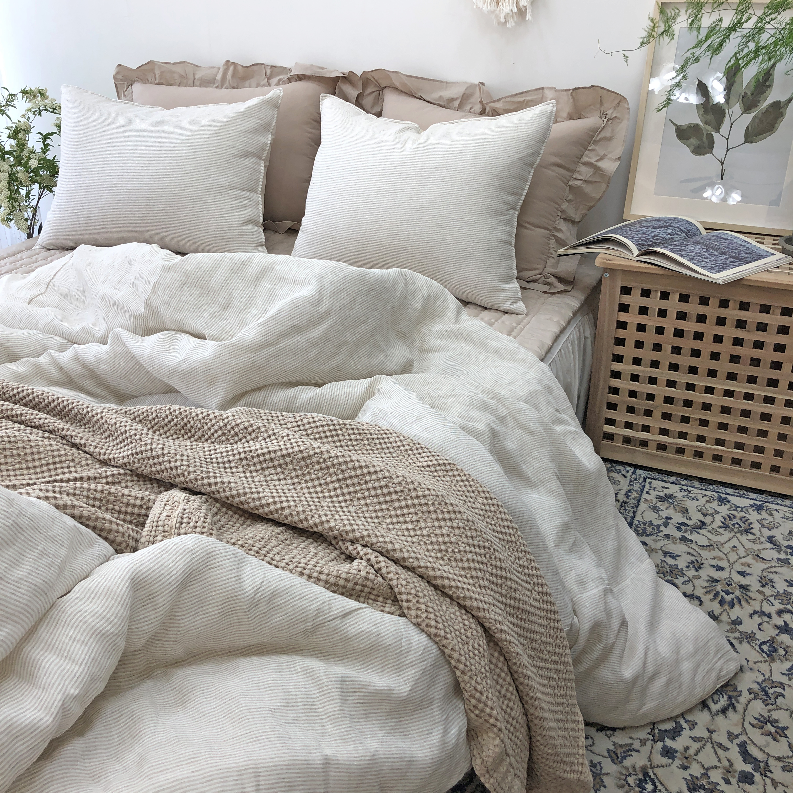 프리미엄 스트라이프 워싱 린넨 순면 사계절 차렵이불 S/SS