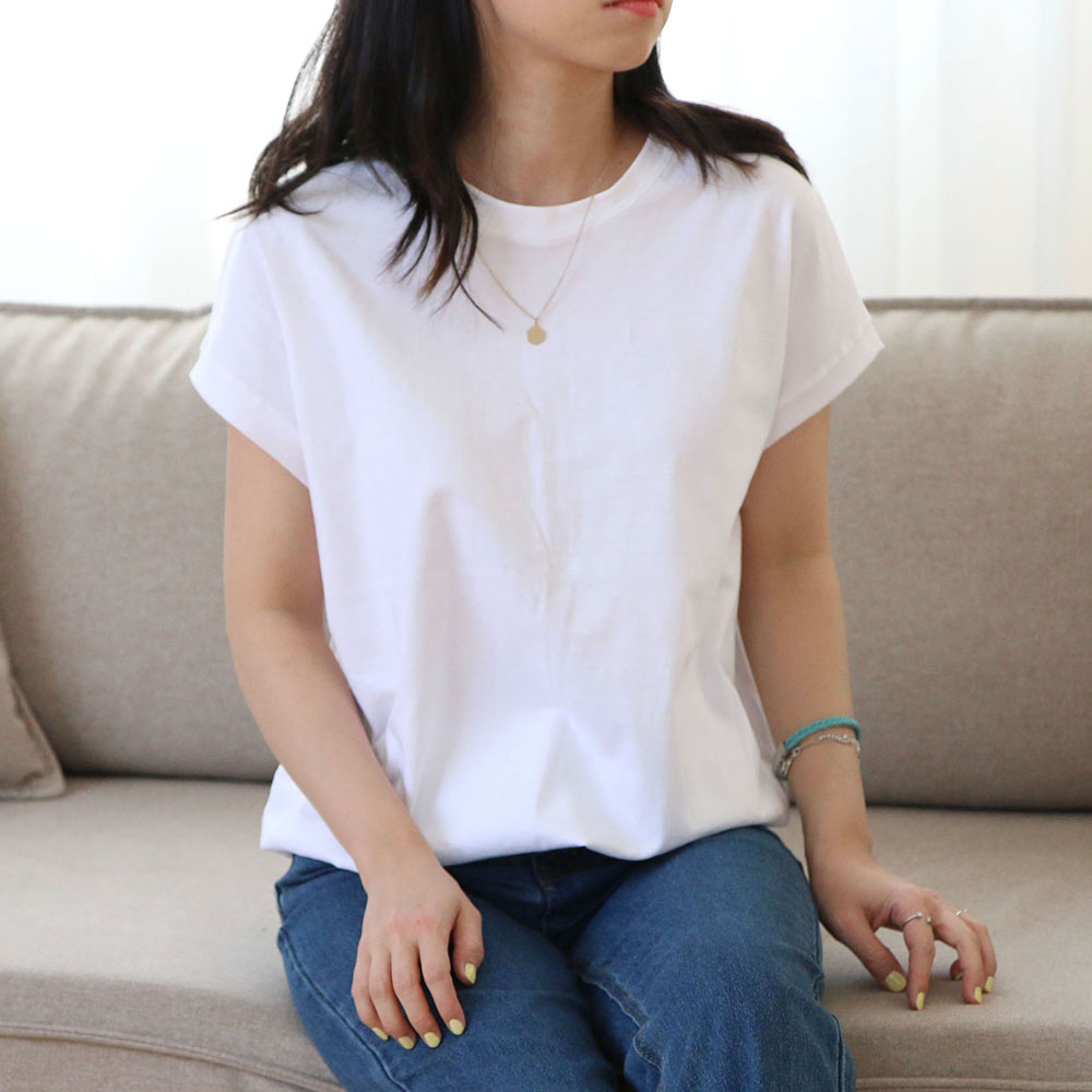 기본 무지 예쁜 데일리 여성 라운드 밴딩 셔링 등원룩 여름 면 반팔 티셔츠 - 상세 이미지 5