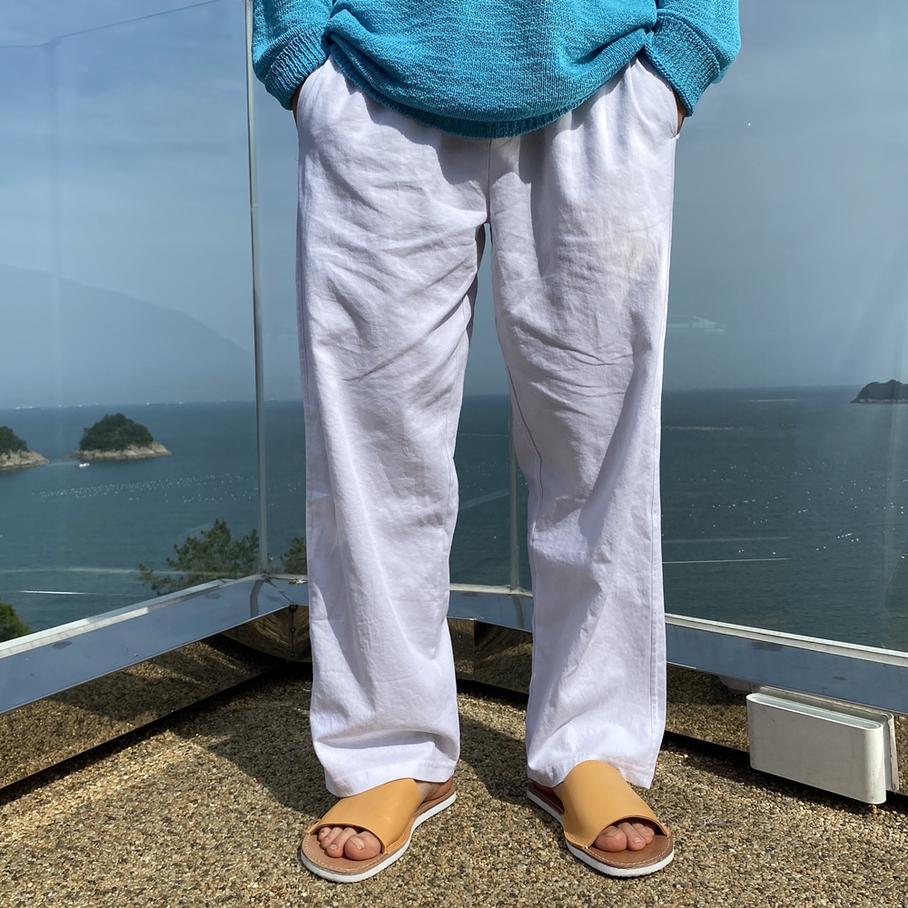 남자 시원한 여름 화이트린넨 밴딩 와이드팬츠 - 상세 이미지 2