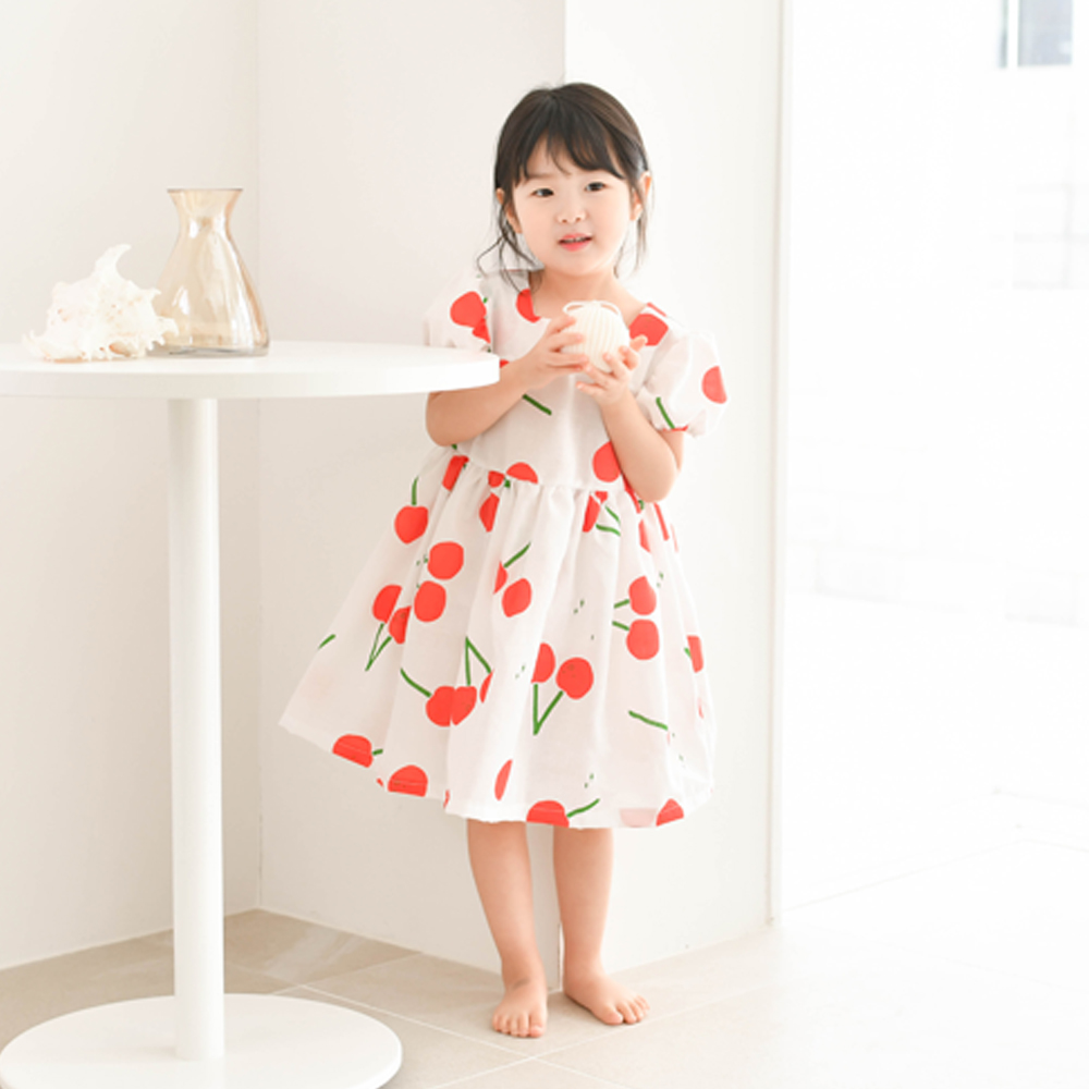 체리 스퀘어 반팔 원피스 사각 여아 아동 화이트 루즈핏 면 유아 여름