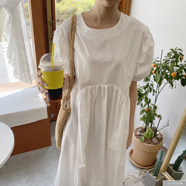 데이 볼륨 베이비돌 퍼프 코튼 롱 원피스 (카키그레이,화이트) 루즈핏 여름 아방 주름 - 상세 이미지 2