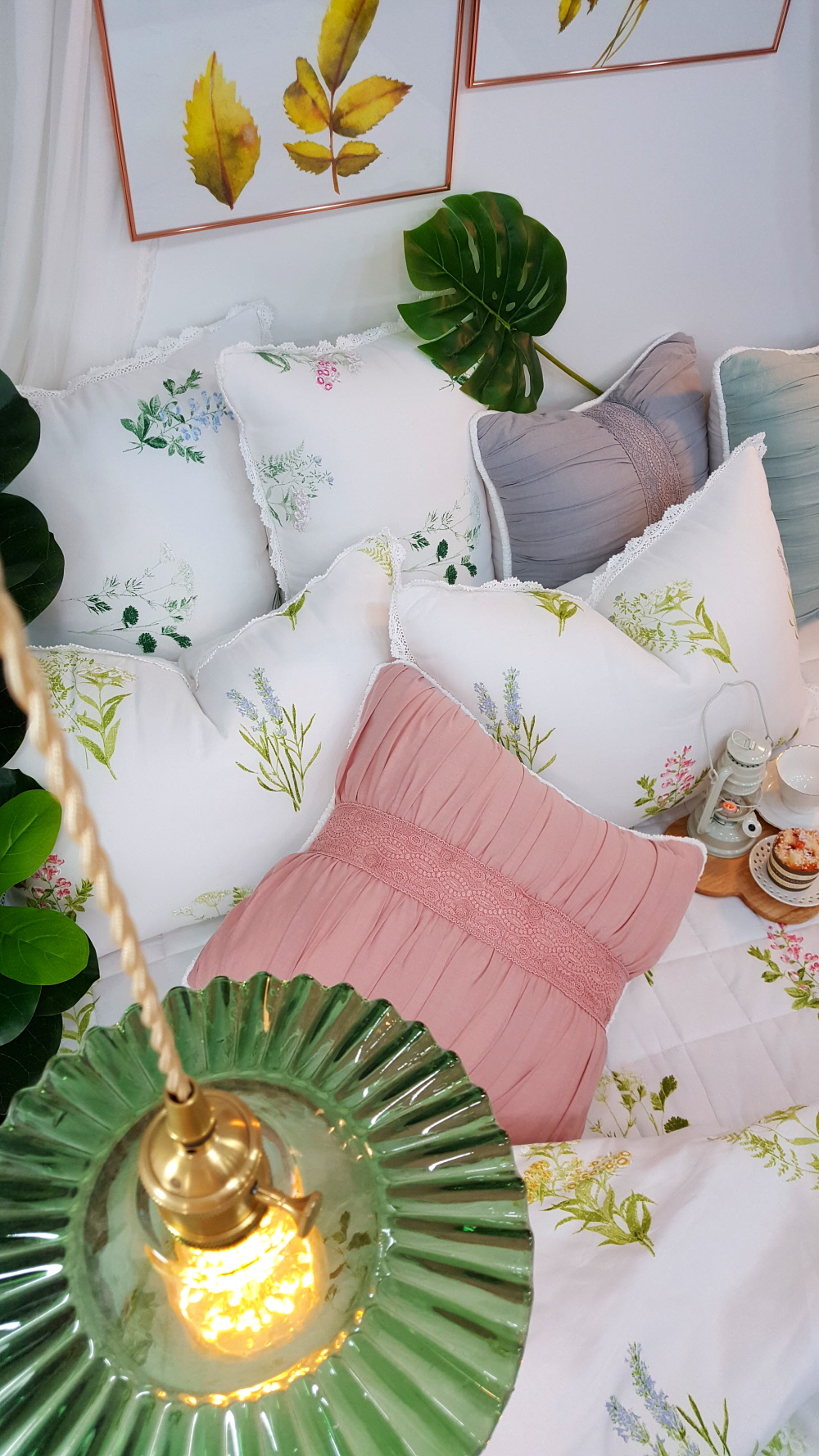 오월 그린 꽃무늬 여름 차렵 린넨 텐셀 이불 세트 퀸 사이즈