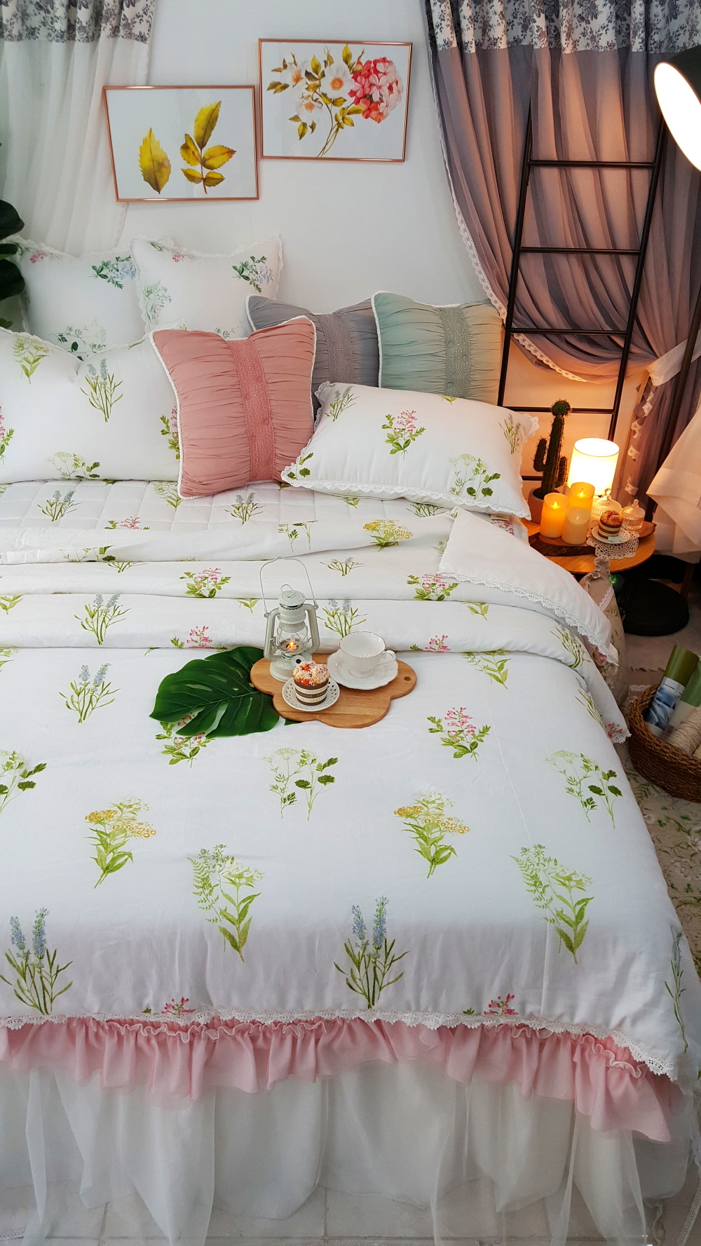 오월 그린 꽃무늬 여름 차렵 린넨 텐셀 이불 세트 퀸 사이즈