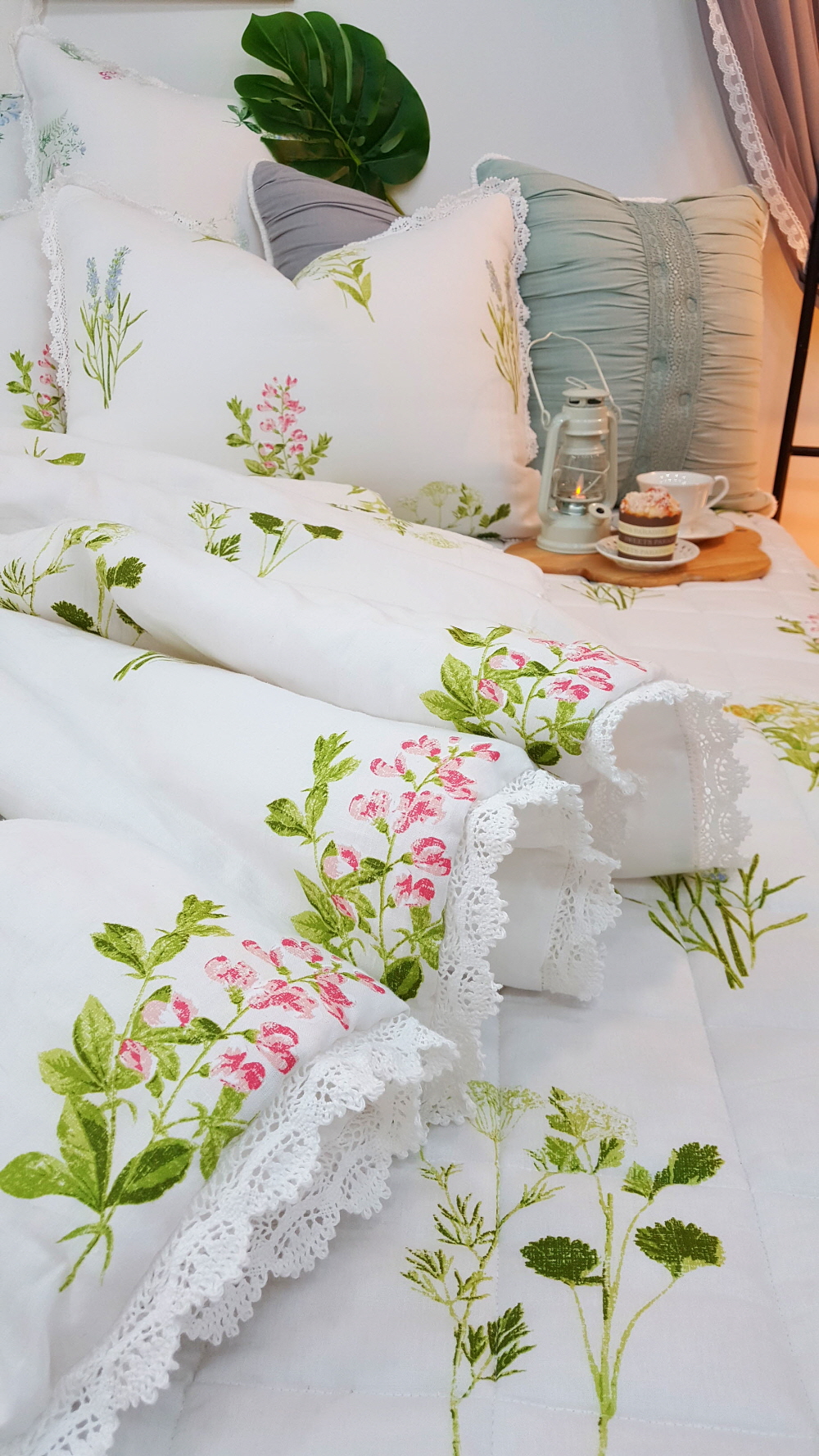 오월 그린 꽃무늬 여름 차렵 린넨 텐셀 이불 세트 퀸 사이즈