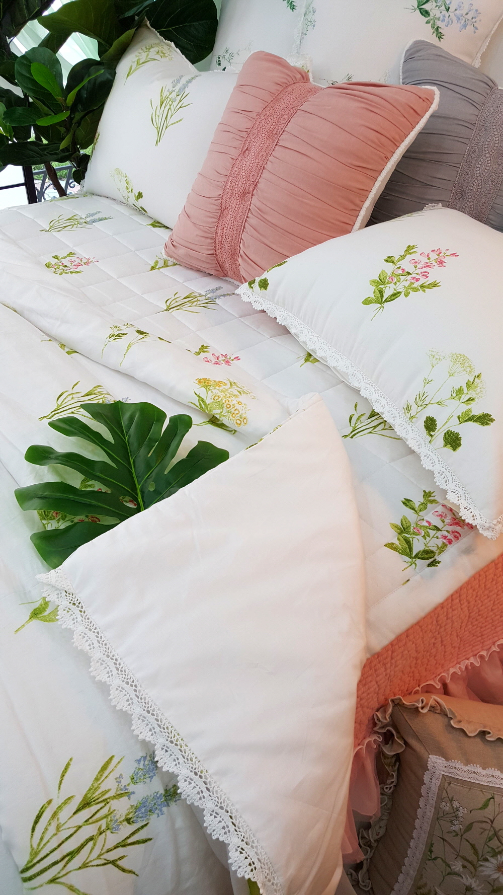 오월 그린 꽃무늬 여름 차렵 린넨 텐셀 이불 세트 퀸 사이즈