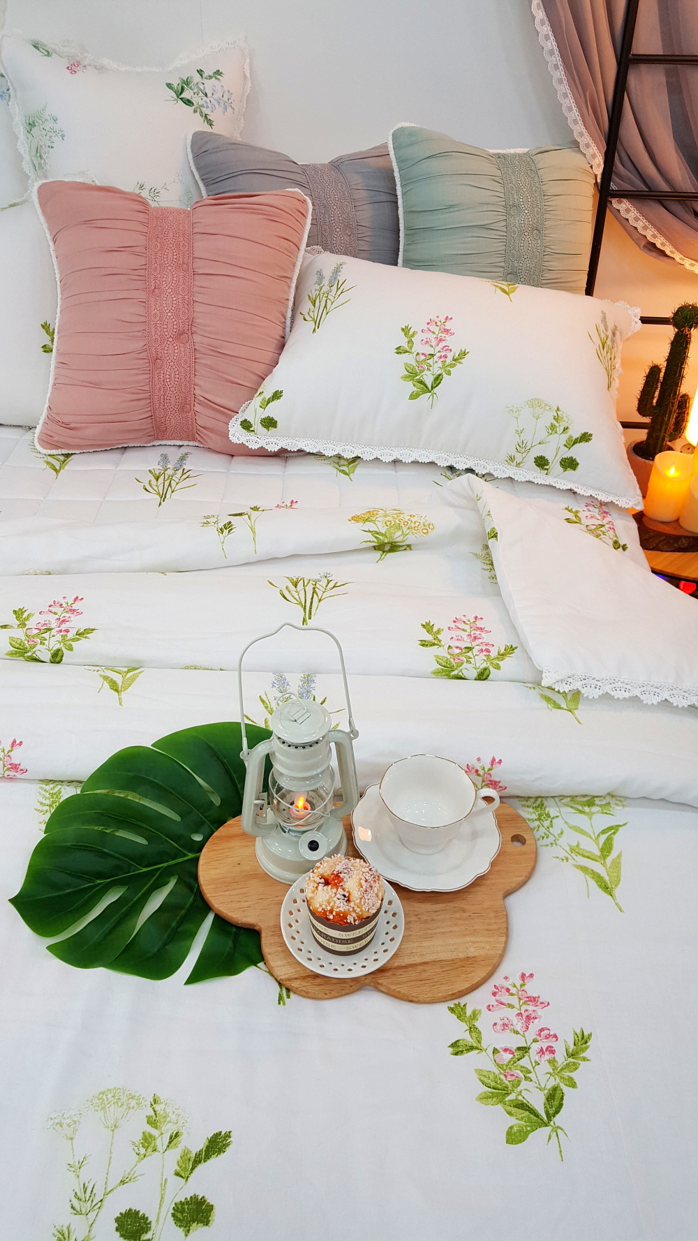 오월 그린 꽃무늬 여름 차렵 린넨 텐셀 이불 세트 퀸 사이즈