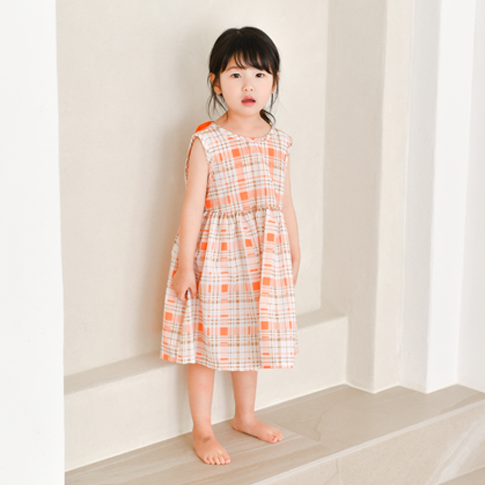멜리체크나시원피스 여아 아동 린넨 오렌지 보통핏 린넨 면 혼방