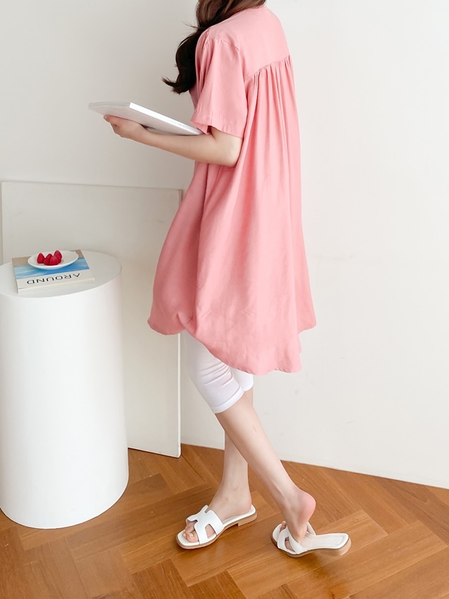 여성 여름 롱셔츠 차이나카라 셔링 A라인 레깅스 임산부 롱 남방 미니 원피스 - 상세 이미지 2