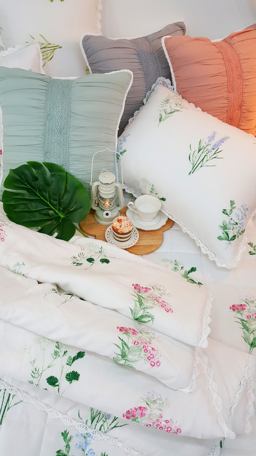 오월 블루 꽃무늬 여름 차렵 린넨 텐셀 이불 세트 퀸 사이즈