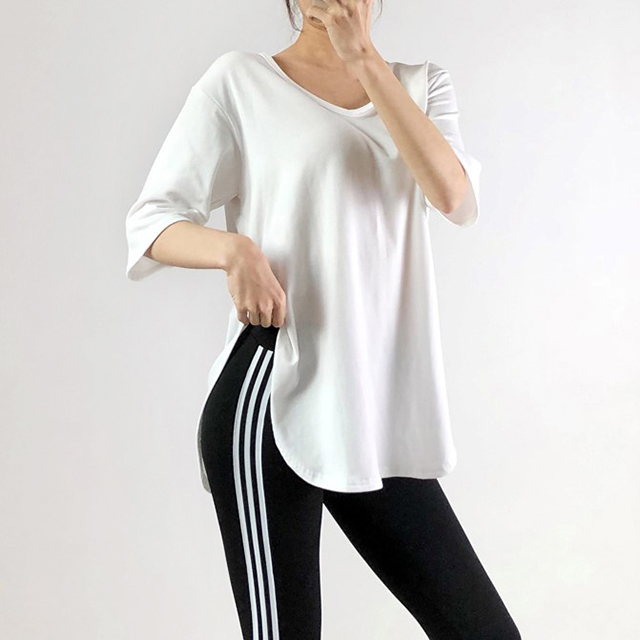 7부 라운드컷팅 커버업티 필라테스 요가복 필라테스복 상의 커버업 운동복 티셔츠 - 상품 이미지
