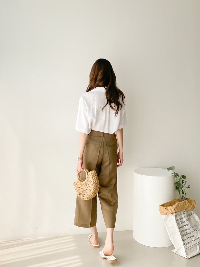 썸머 데일리 심플 린넨 마 와이드 통바지 세미 정장 8부 팬츠 - 상세 이미지 4
