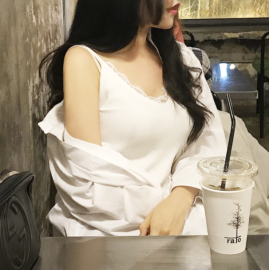 레이스나시 브이넥 레이어드 골지 끈 나시 (블랙,화이트,베이지,카키) 이미지 2
