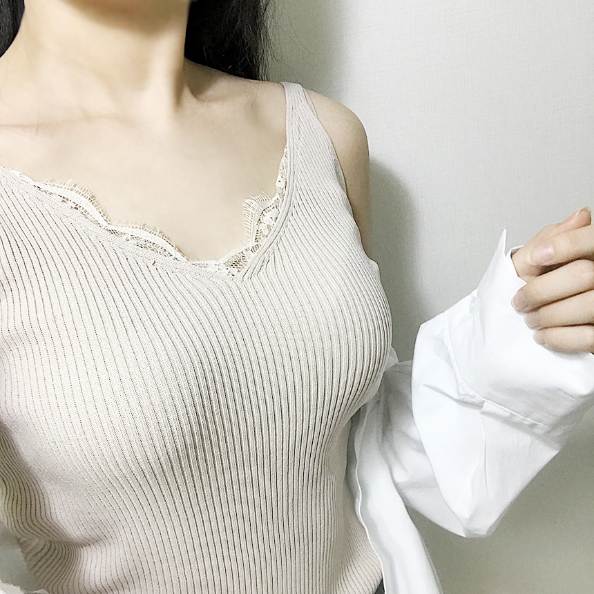 레이스나시 브이넥 레이어드 골지 끈 나시 (블랙,화이트,베이지,카키) 이미지 3