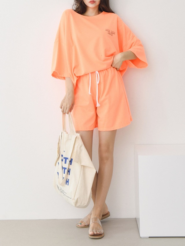 형광 야자수 빅사이즈 반팔 반바지 트레이닝 세트 - 상세 이미지 3