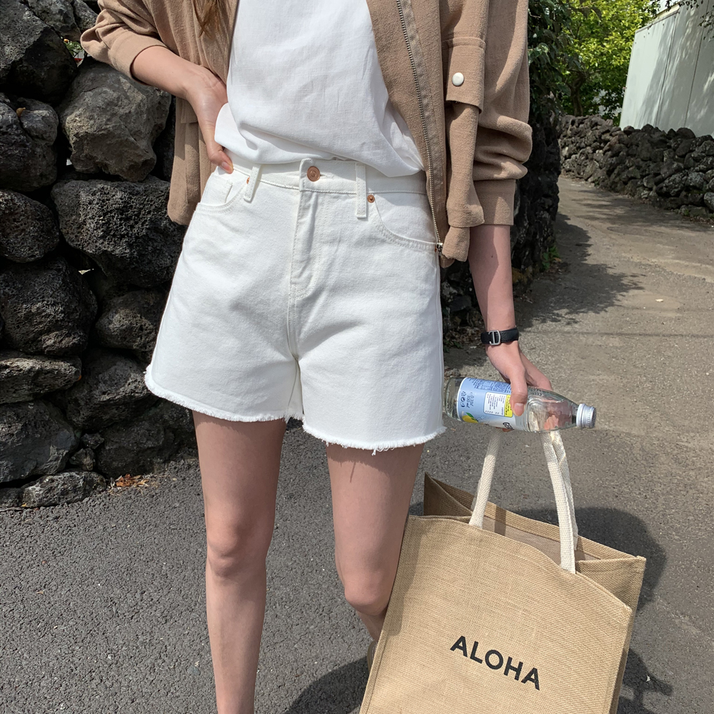 하이웨스트 찢어진 세미와이드 화이트 진 데님 팬츠 여성여름청바지 여자 청반바지 4부 핫팬츠