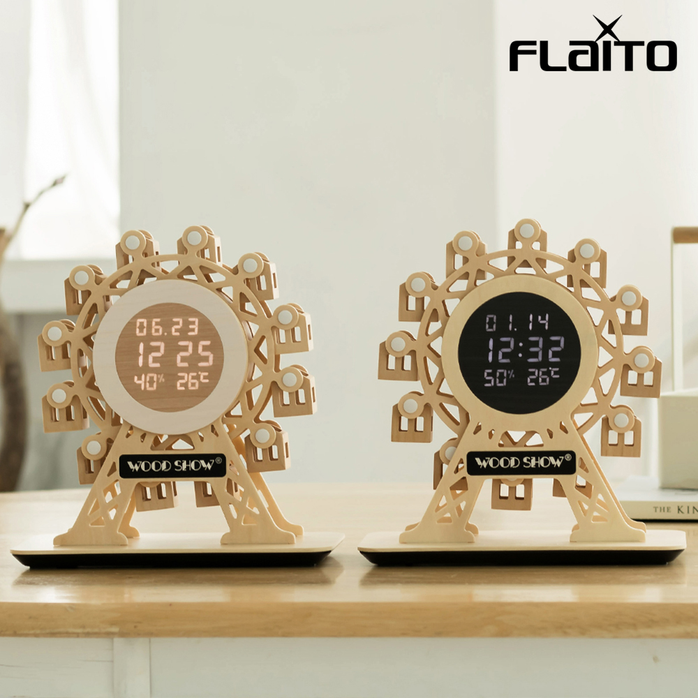 플라이토 우드 무빙 관람차 인테리어 알람 온습도 전자 디지털 무소음 LED 탁상시계