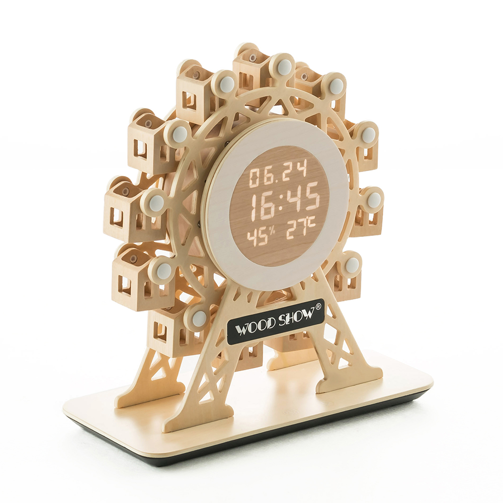 플라이토 우드 무빙 관람차 인테리어 알람 온습도 전자 디지털 무소음 LED 탁상시계