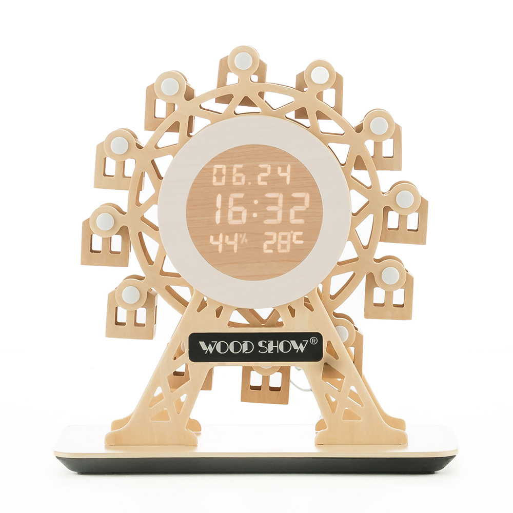 플라이토 우드 무빙 관람차 인테리어 알람 온습도 전자 디지털 무소음 LED 탁상시계