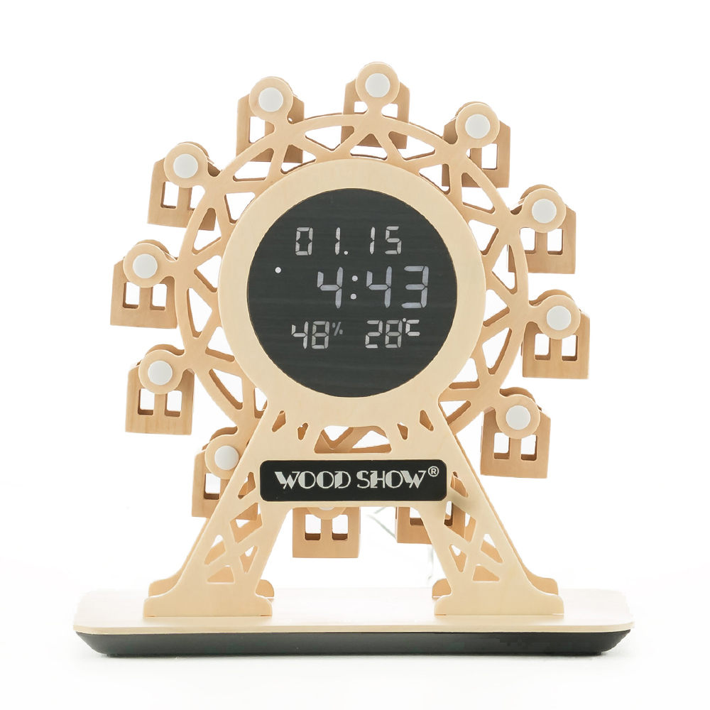 플라이토 우드 무빙 관람차 인테리어 알람 온습도 전자 디지털 무소음 LED 탁상시계