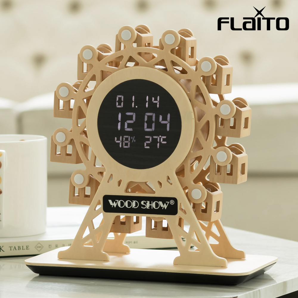 플라이토 우드 무빙 관람차 인테리어 알람 온습도 전자 디지털 무소음 LED 탁상시계
