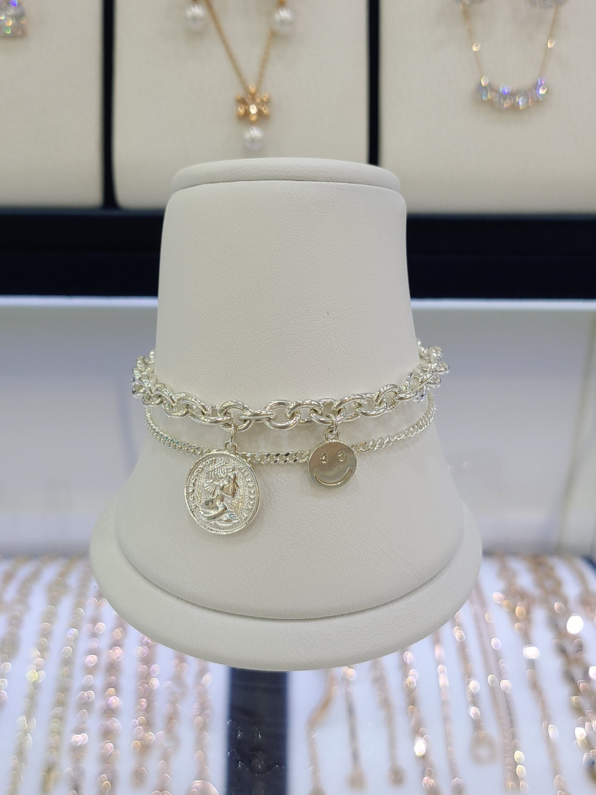 파이치치]순은/전체실버925 코인 딸랑이 볼드 체인 두줄 팔찌 12SSHSB-1182-17