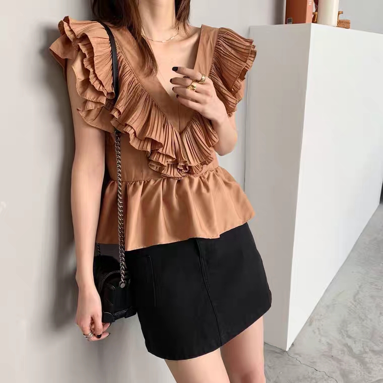 양브이넥 플리츠블라우스 뒷버튼 블라우스 ZR 이미지 6