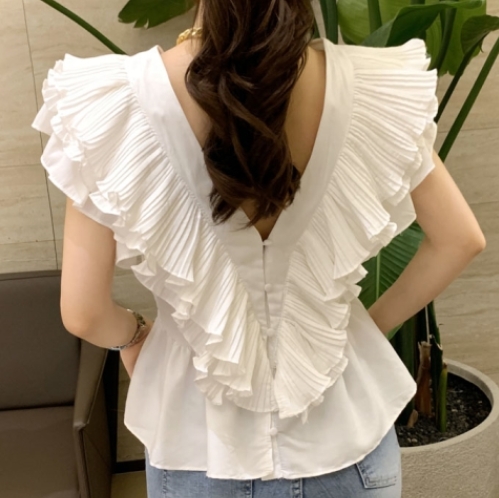 양브이넥 플리츠블라우스 뒷버튼 블라우스 ZR - 상품 이미지
