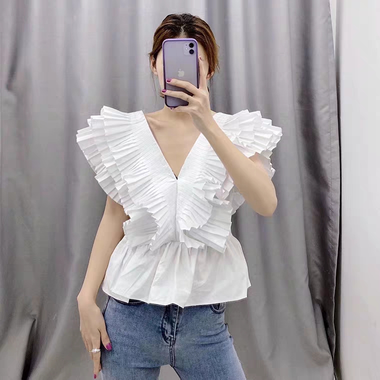 양브이넥 플리츠블라우스 뒷버튼 블라우스 ZR - 상세 이미지 5