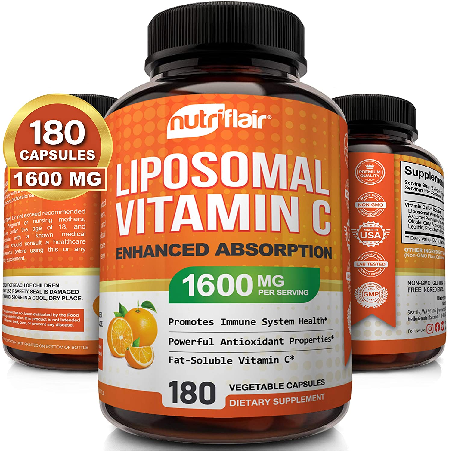 뉴트리플레어 리포소말, 리포조말, 리포좀, 리포솜 비타민C 1600Mg, 180캡슐 / Nutriflair Liposomal  Vitamin C 1600Mg, 180 Capsules : 푸드세이프