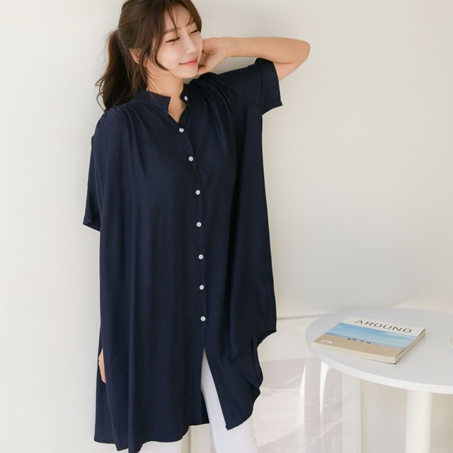 여성 여름 롱셔츠 차이나카라 셔링 A라인 레깅스 임산부 롱 남방 미니 원피스 - 상세 이미지 3