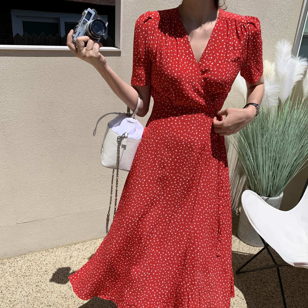 플라워 브이넥 여름원피스 여성 썸머 롱 원피스 꽃무늬 반팔 랩원피스 휴양지 바캉스룩 레드