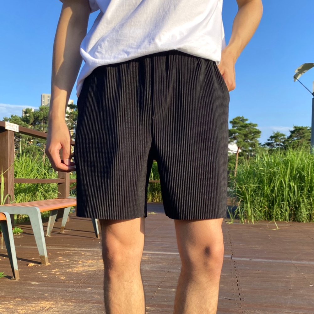 남자 여름 4부 편한 스판 밴딩 고무줄 냉장고 반바지 플리츠바지 - 상세 이미지 3