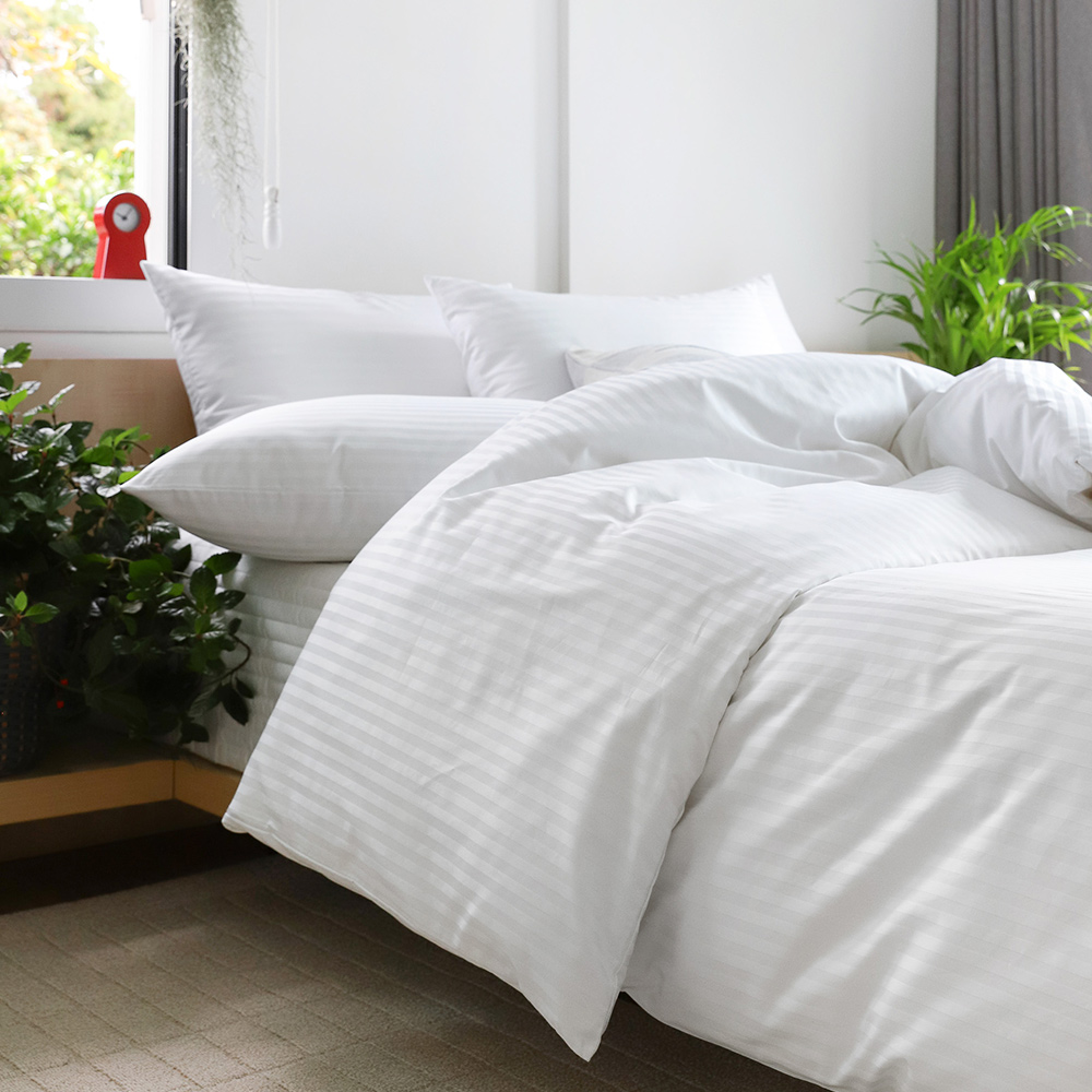 60수 고밀도 샤틴면 호텔침구세트 화이트 양면스트라이프 SS Q K SK