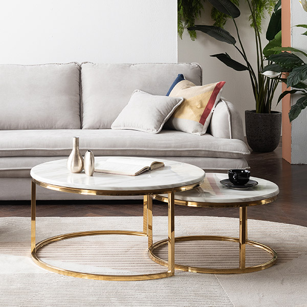 삼익가구 블로썸 마블 대리석 골드 원형 티테이블 세트(1+1)