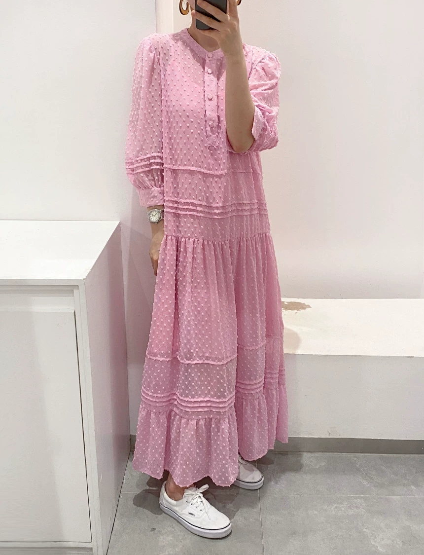 여리여리핏 물방울 나시세트 쉬폰원피스 5부소매 시스루롱원피스