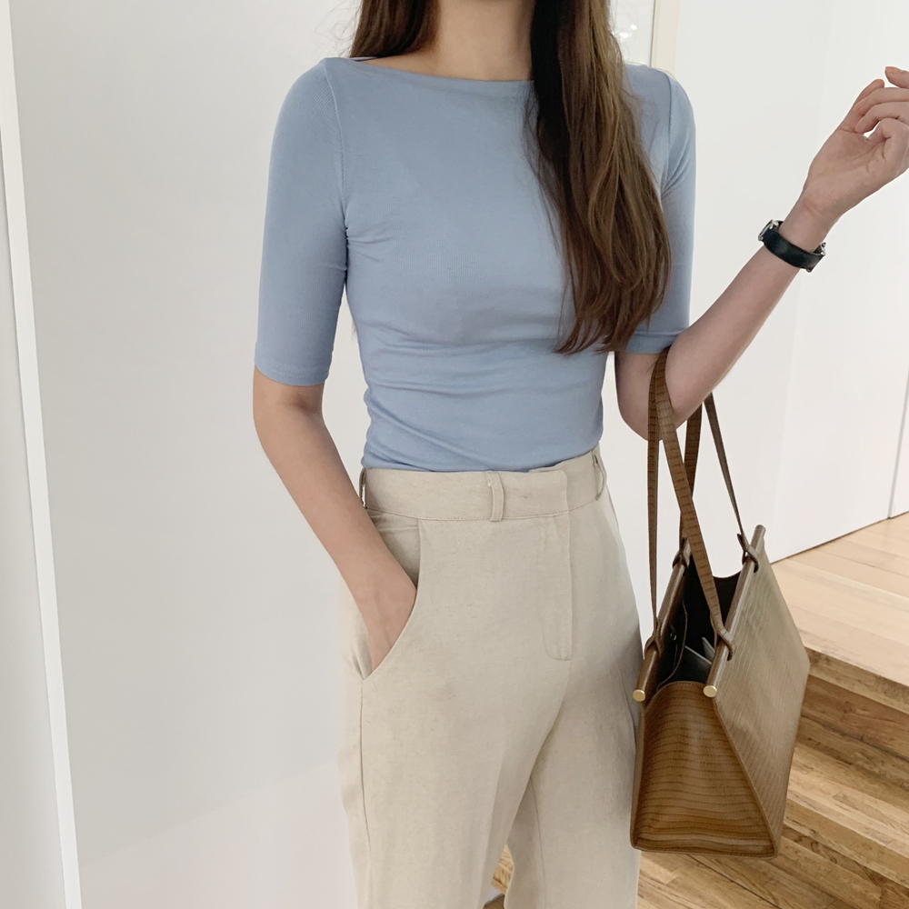 슬림핏 골지 입술넥 5부 여자 반팔티 쫄티 여름 여성 티셔츠